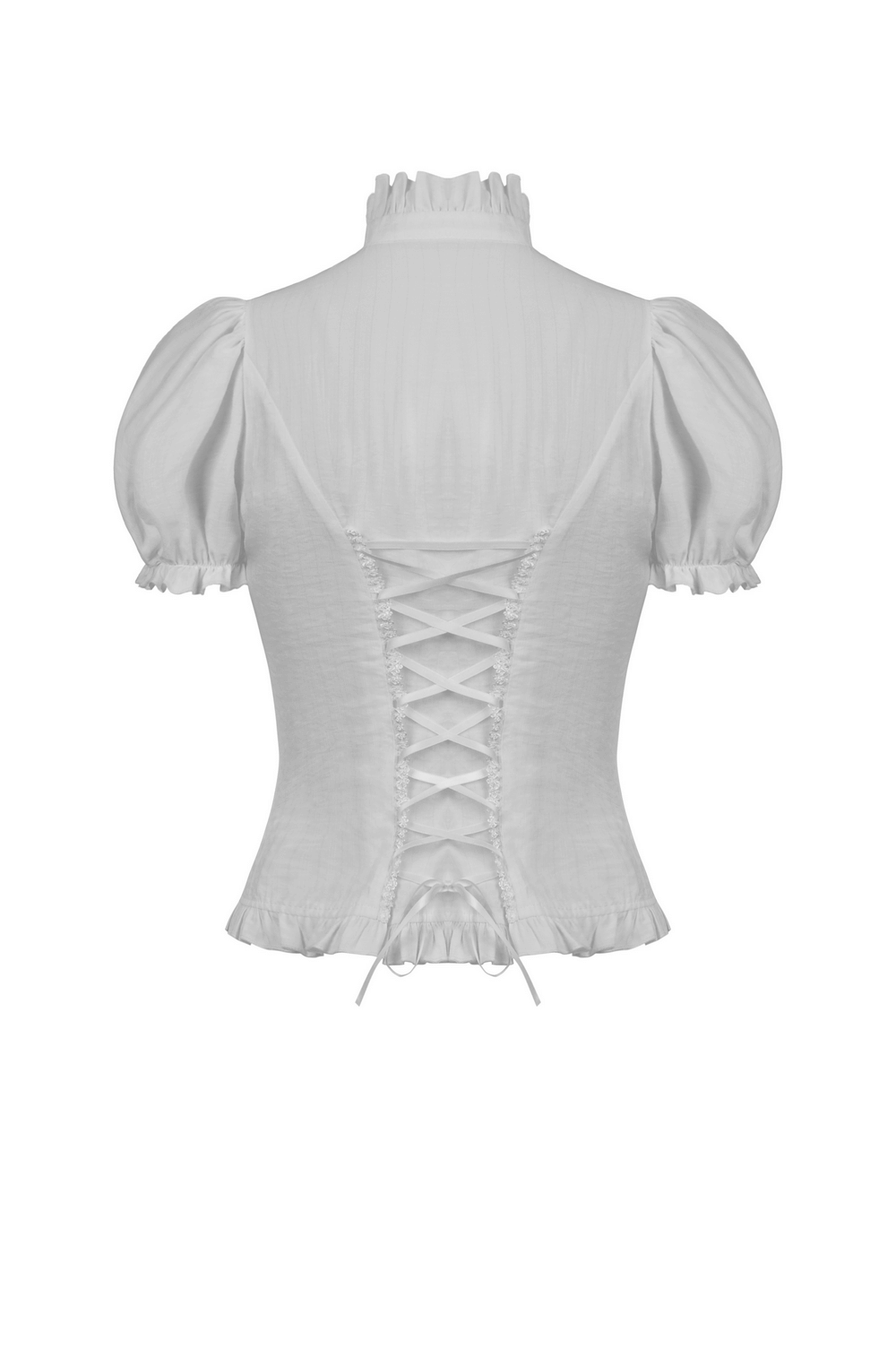 Back view of Victorian-inspired white blouse with ruffled neckline and lace-up detail.