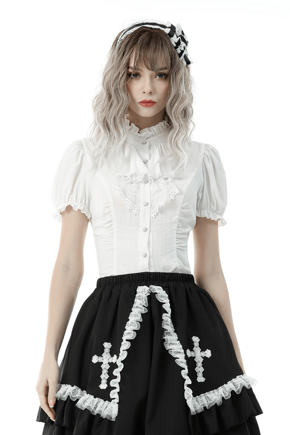 White Lace Ruffle Neckline Blouse with Puff Sleeves