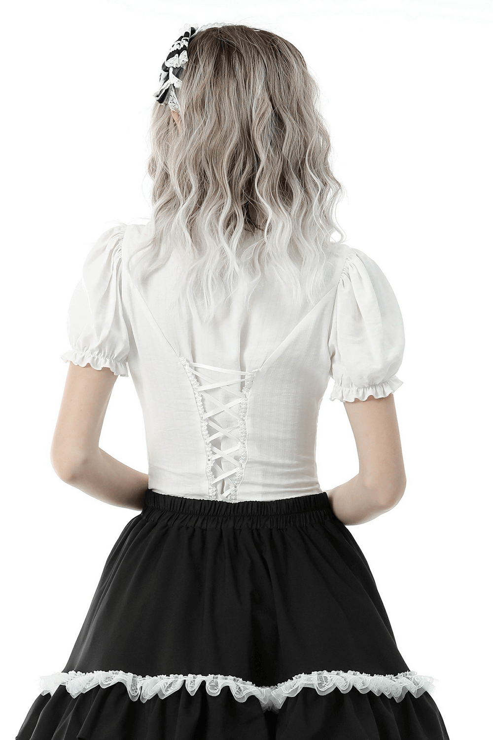 Back view of a Victorian-inspired white blouse with lace trim and puff sleeves.