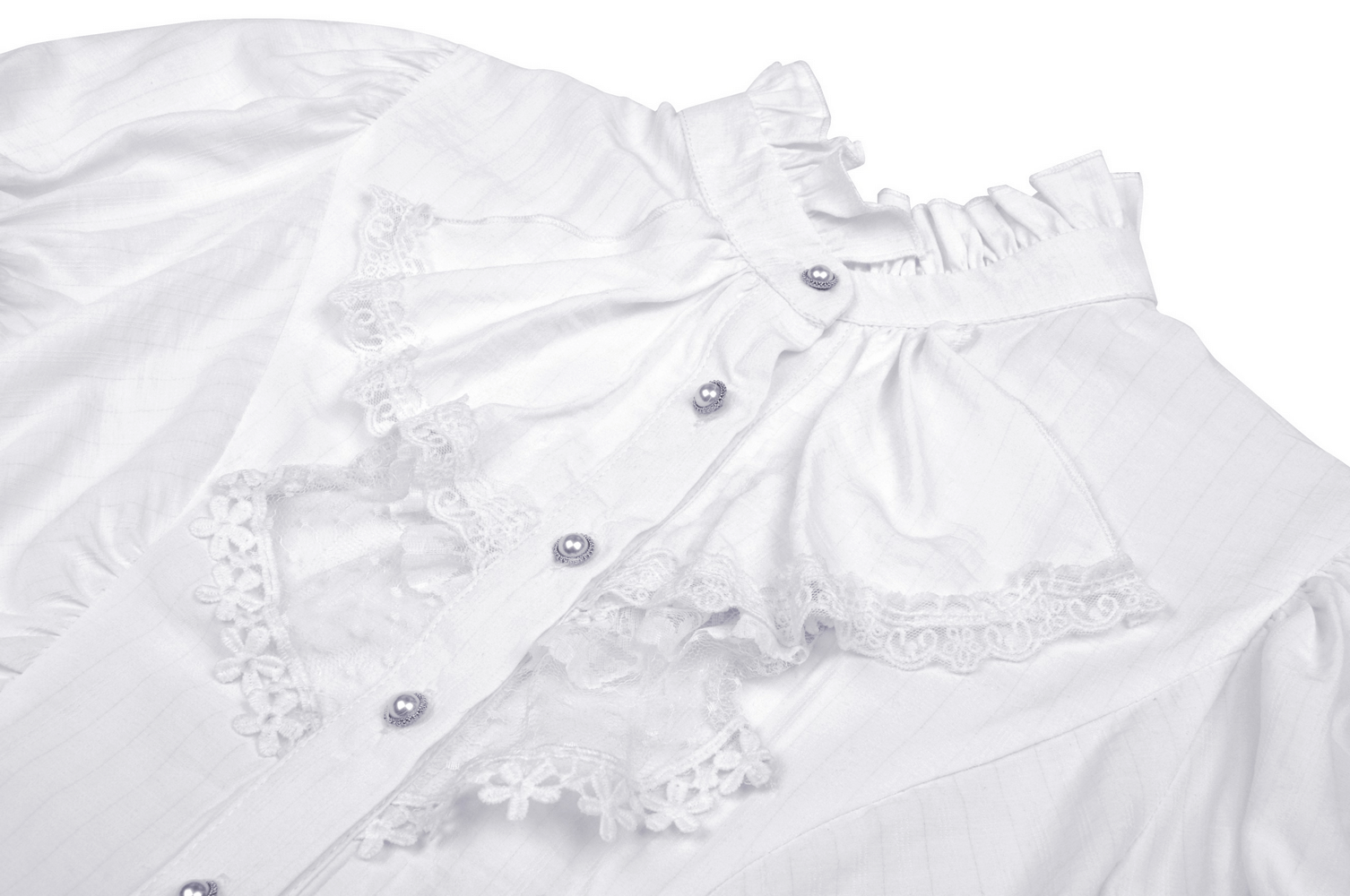 Victorian-inspired white blouse with lace ruffles and button detailing on neckline.