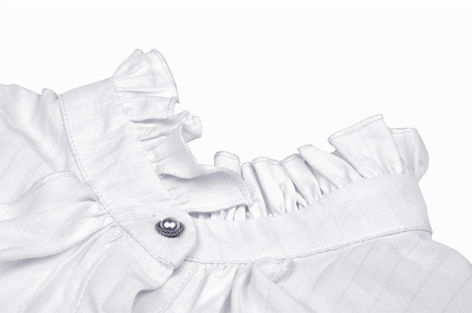 Close-up of white blouse ruffle neckline and button detailing, showcasing Victorian-inspired lace style.