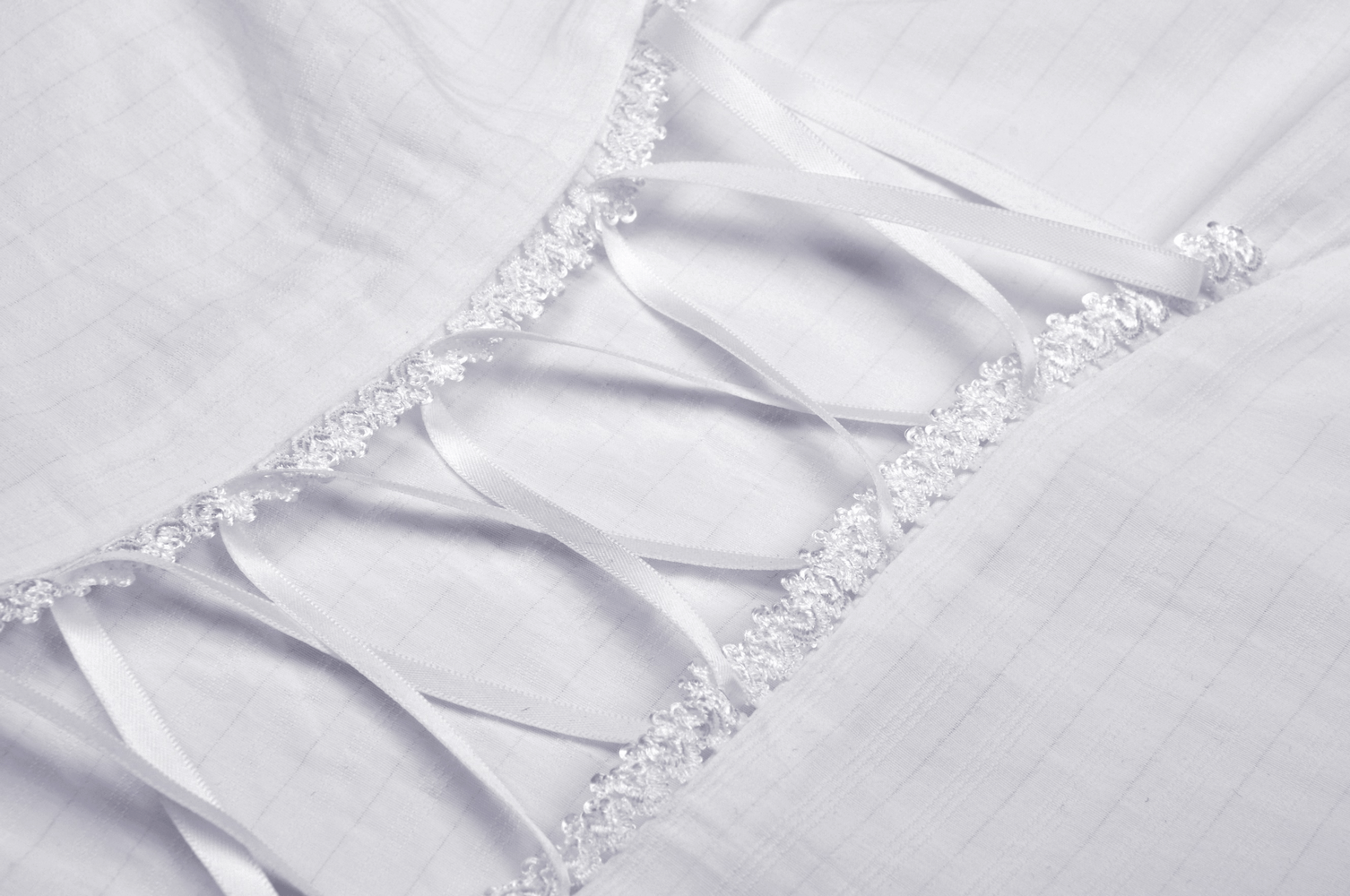 Close-up of white lace detail with ribbons on a Victorian-inspired blouse, enhancing its romantic charm.