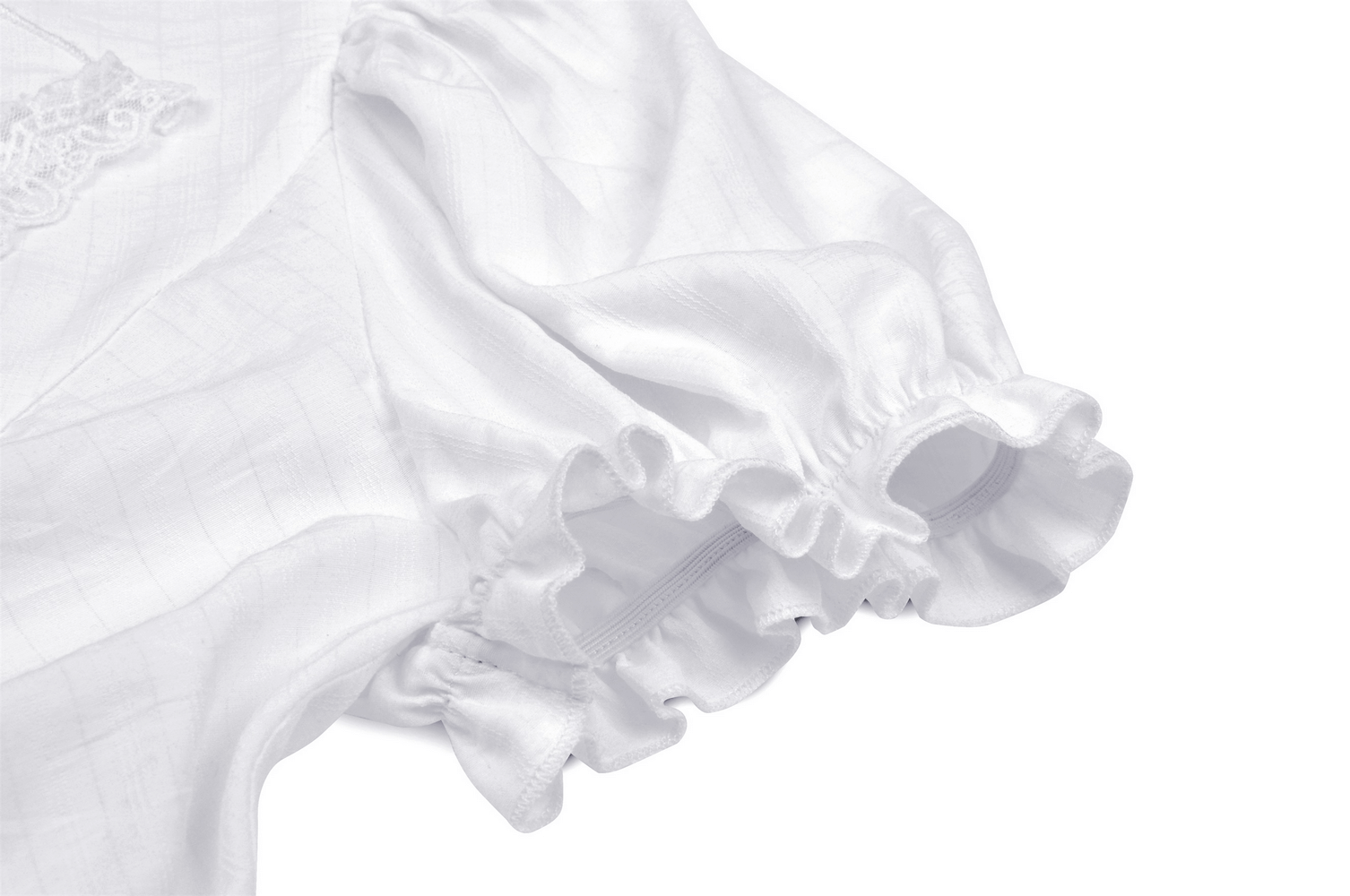 Close-up of white lace ruffle trim on puff sleeve of Victorian-inspired blouse, showcasing elegant fabric texture.