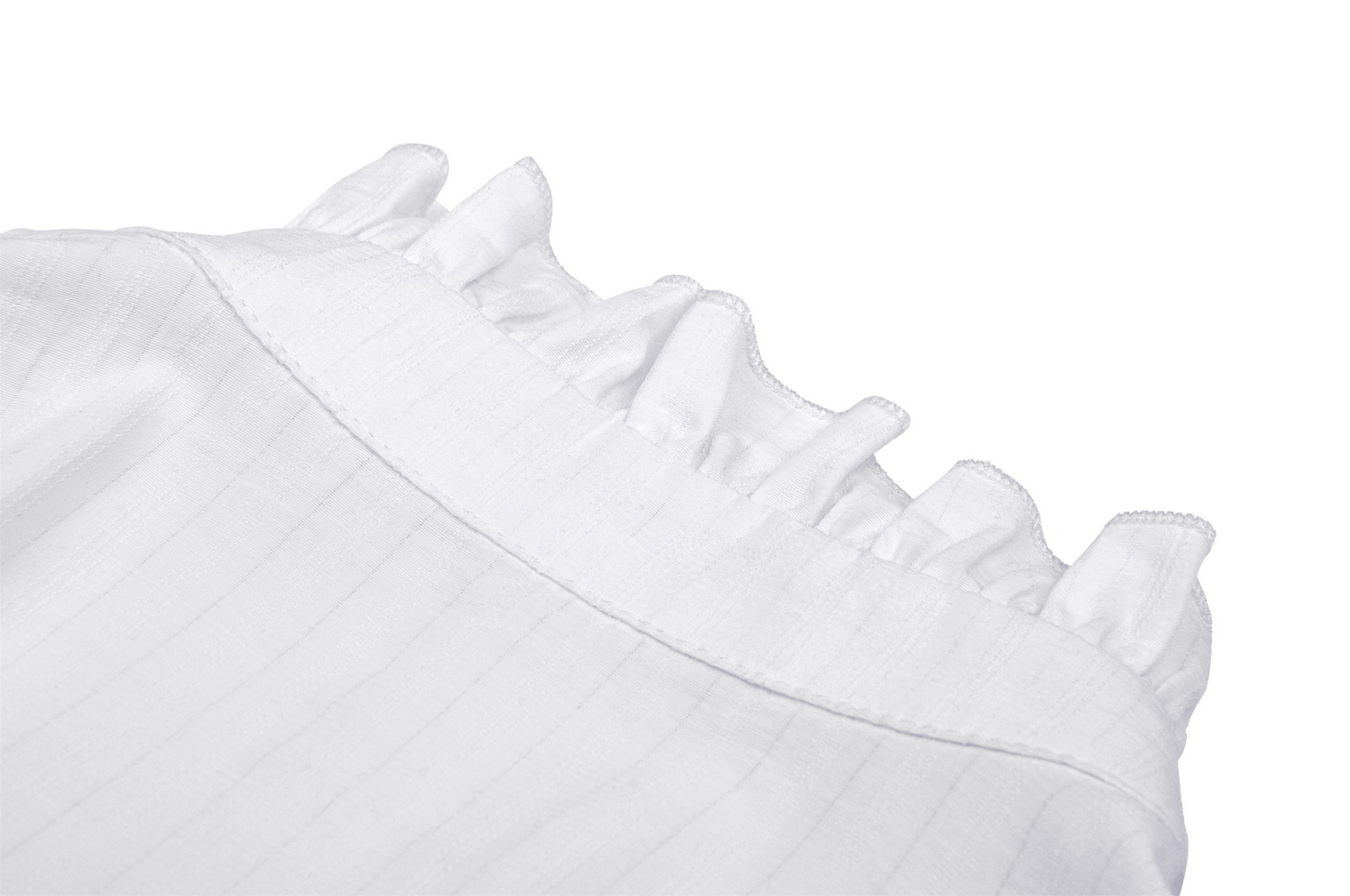 Detail of the lace ruffle neckline on a Victorian-inspired white blouse with puff sleeves.