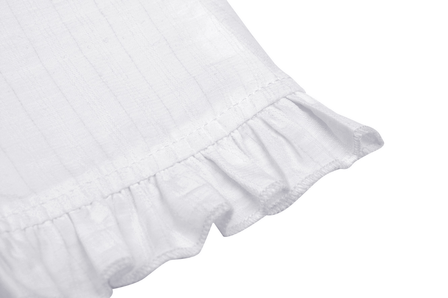 Close-up of a white blouse sleeve featuring delicate lace ruffle trim, showcasing Victorian-inspired design details.