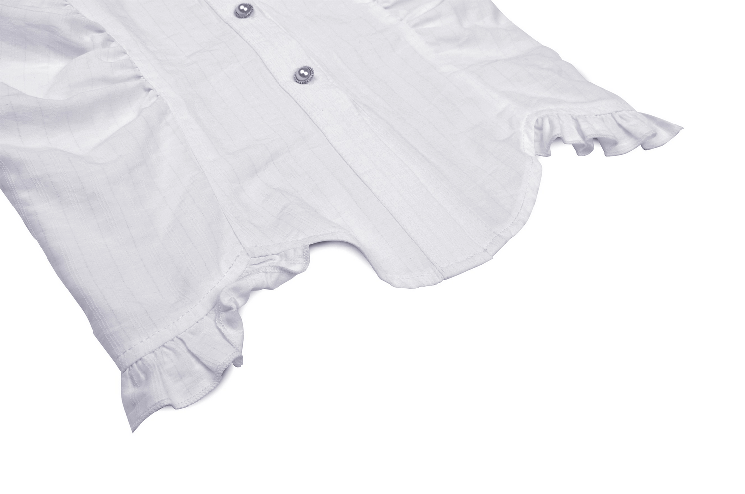 Close-up of a Victorian-inspired white blouse with lace ruffle neckline and puff sleeves, showcasing elegant button detailing.