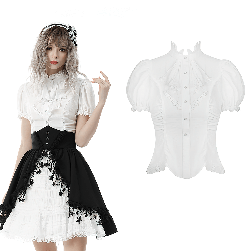 Victorian-inspired white blouse with puff sleeves, lace trim, and button detail, styled with a black skirt.