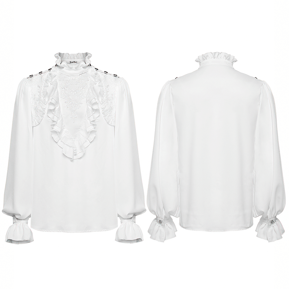 Gothic white shirt with lace trim, ruffles, and snap buttons, showcasing elegant design and luxurious chiffon fabric.
