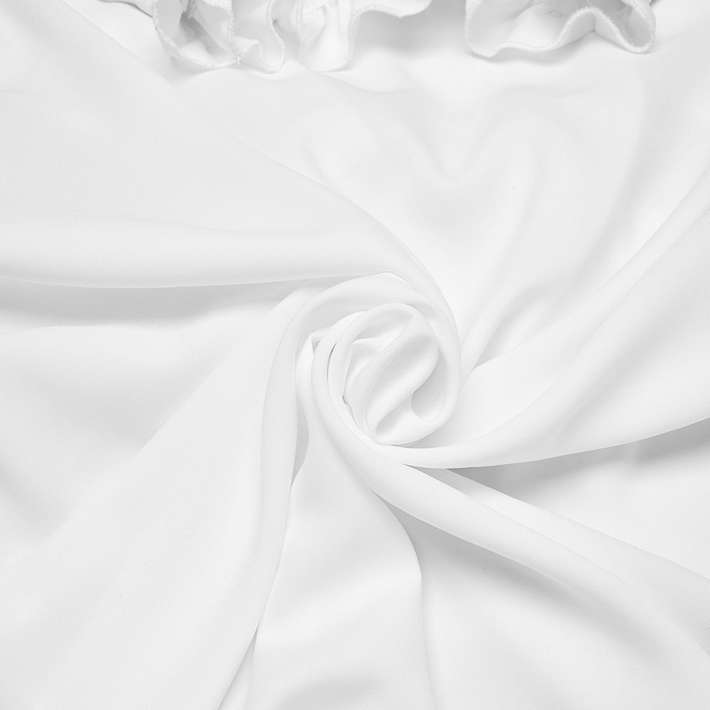 Luxurious white chiffon fabric with elegant ruffles, perfect for a gothic glamorous shirt design.