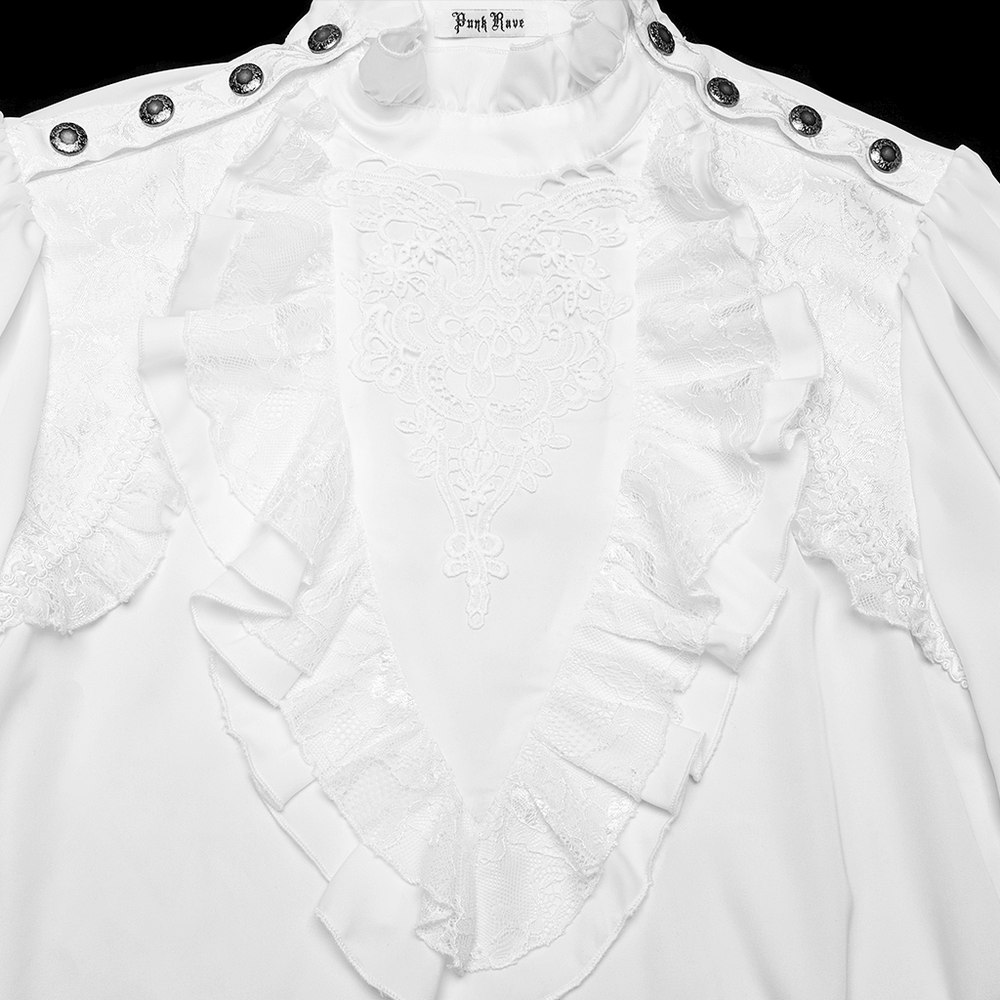 Gothic white shirt featuring lace trim, ruffles, and engraved snap buttons for a luxurious look.