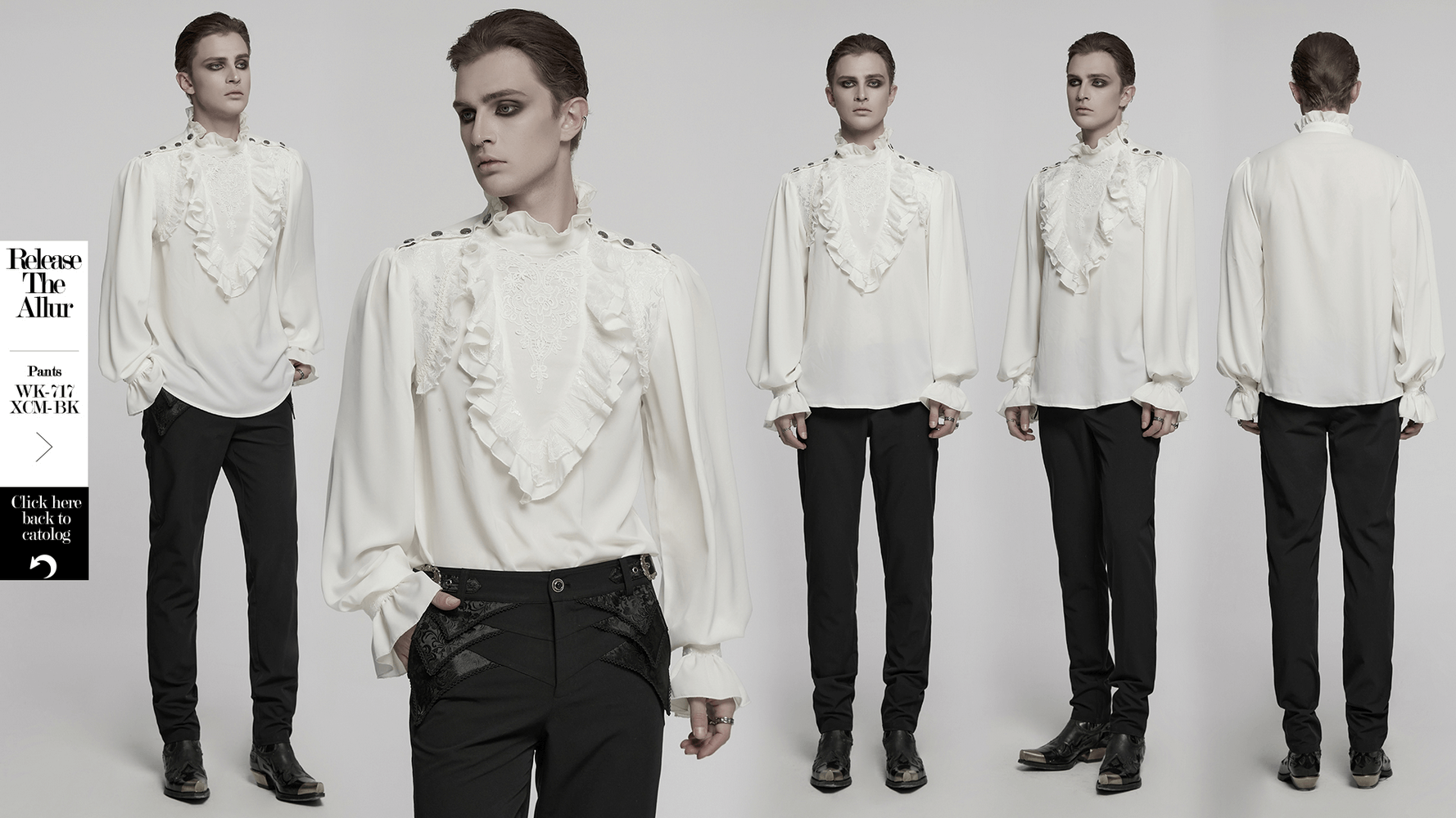 Gothic white shirt with lace trim, ruffles, and snap buttons, modeled by a man in stylish black pants.