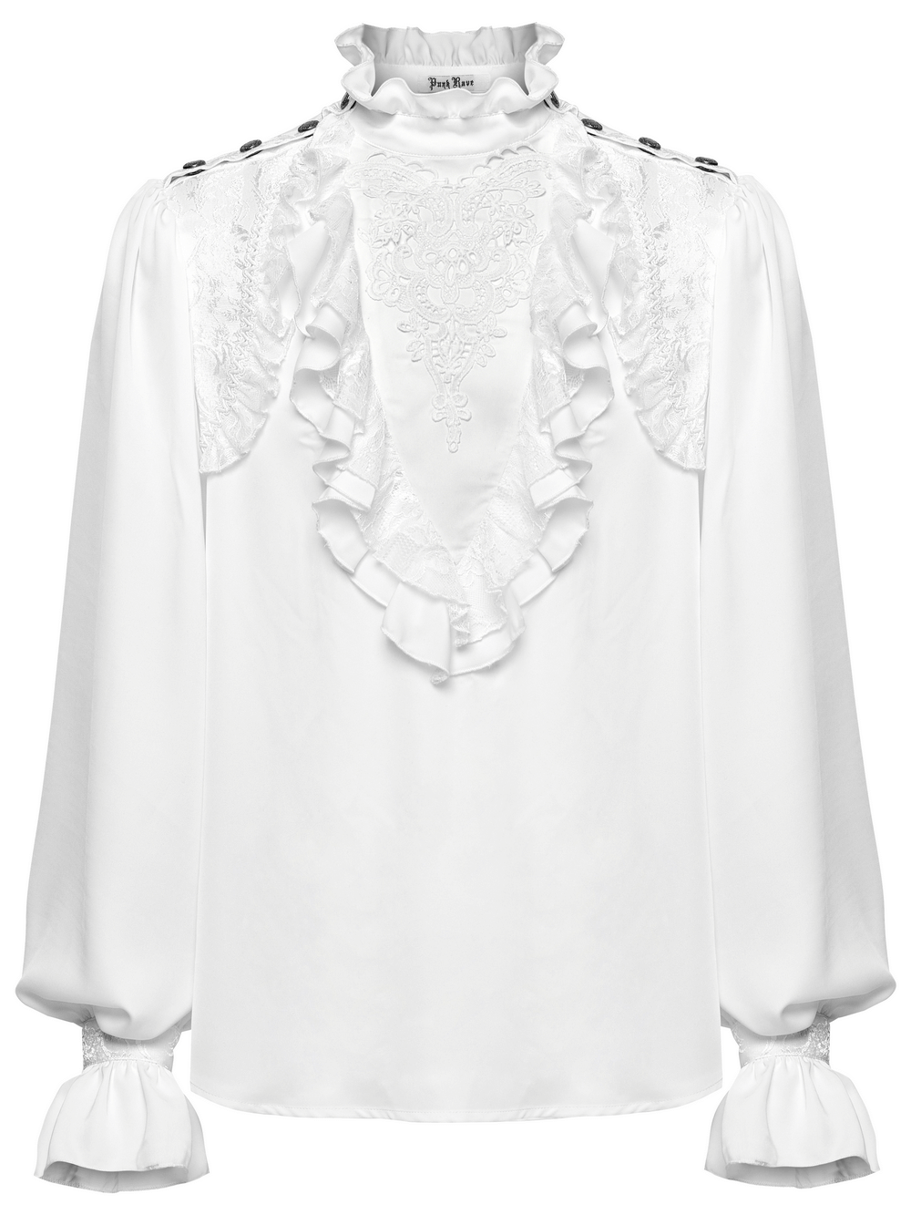 Gothic white shirt with lace trim, ruffles, and snap buttons for a glamorous style.