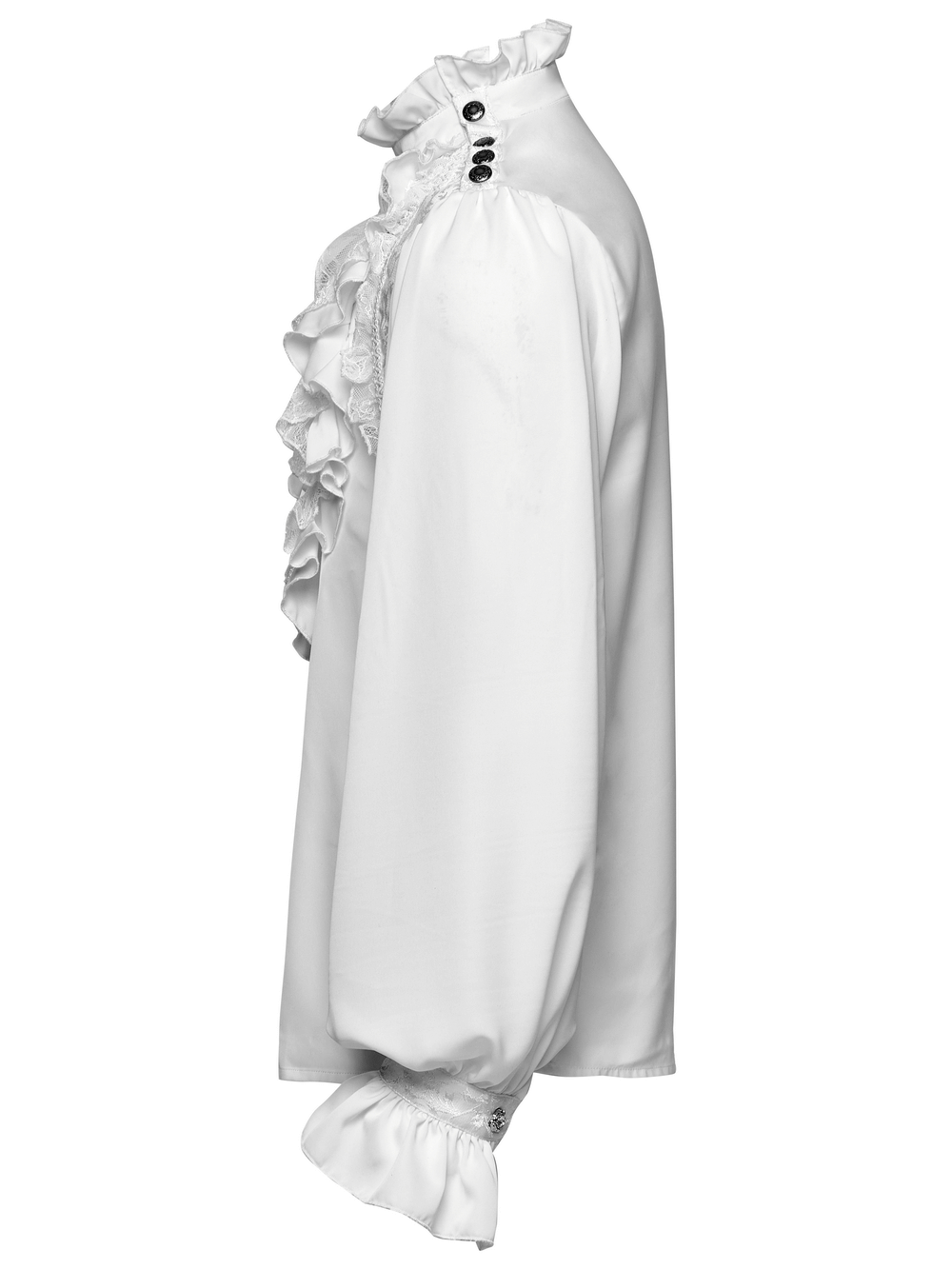 White male lace-trimmed gothic shirt with ruffles and snap buttons, showcasing intricate design and luxurious fabric.