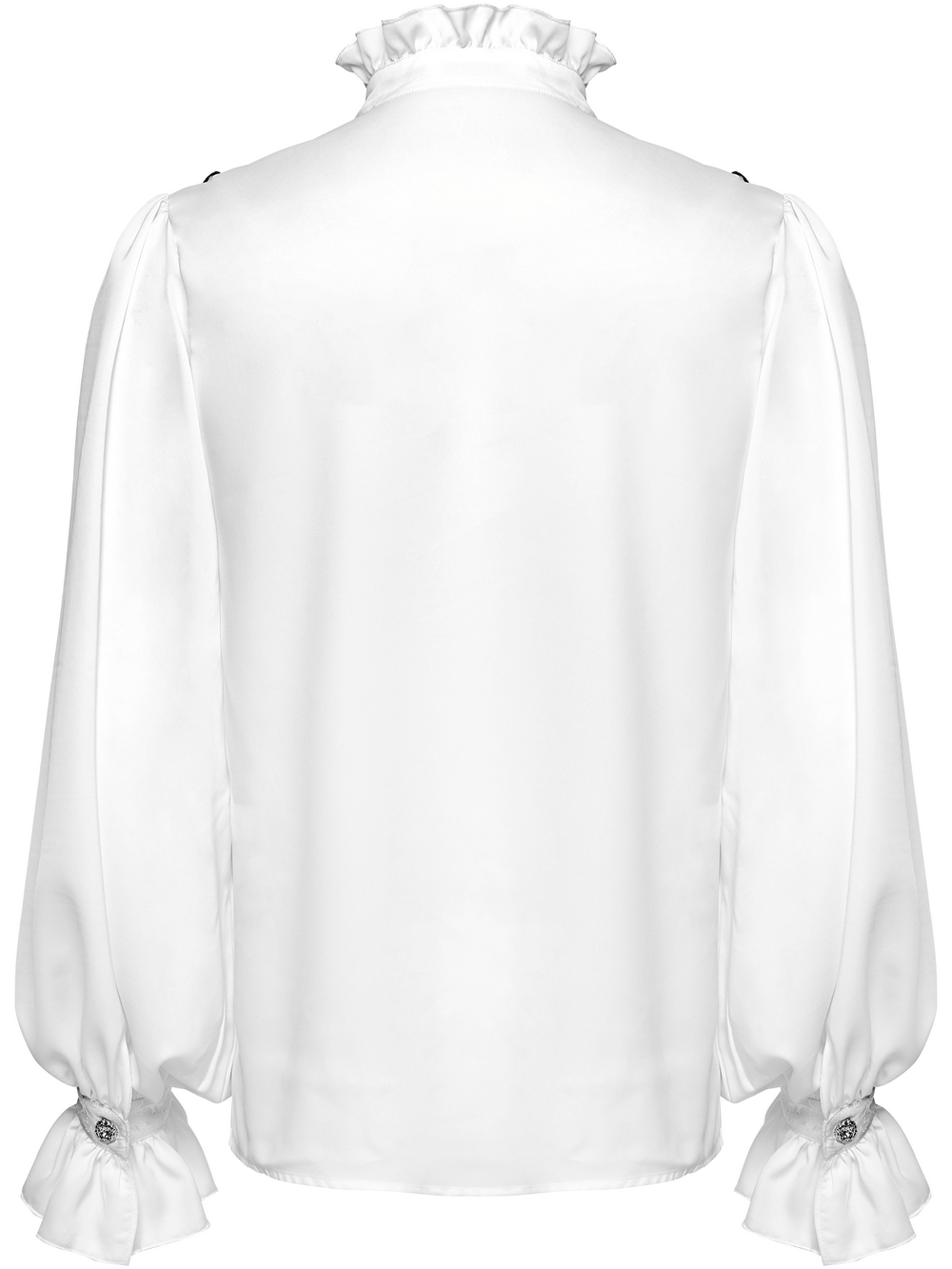Back view of a white Gothic shirt with ruffles, lace trim, and engraved snap buttons on the shoulders.