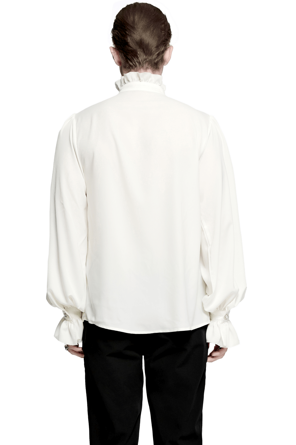 Back view of a white male lace-trimmed shirt with ruffles, featuring elegant puff sleeves and snap buttons.