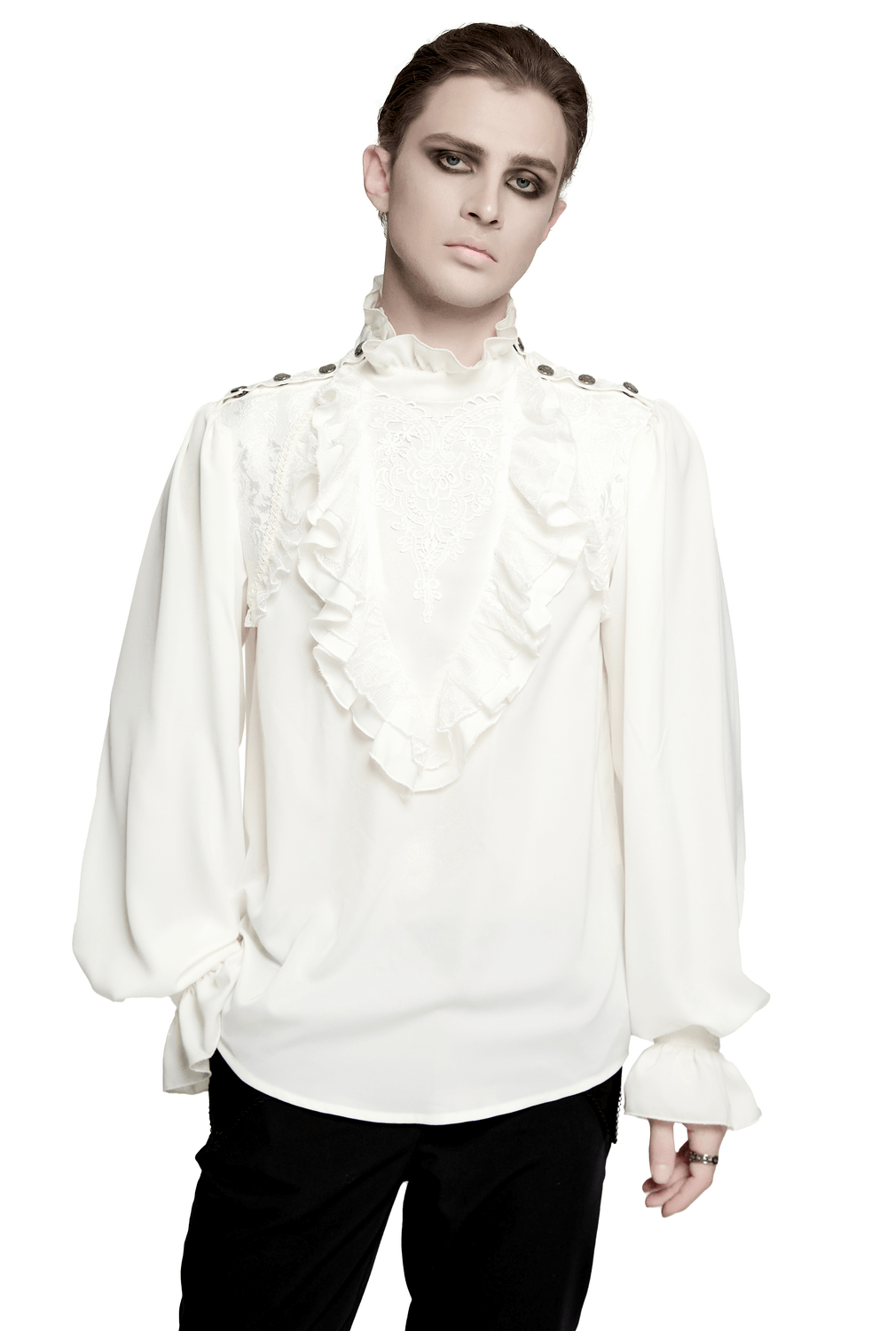 Gothic white shirt with lace trim, ruffles, and snap buttons for a glamorous look.