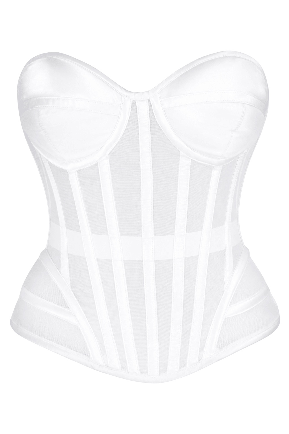 White Mesh Overbust Corset with Steel Boning and Lacing featuring sheer mesh panels and a sculpted sweetheart neckline.