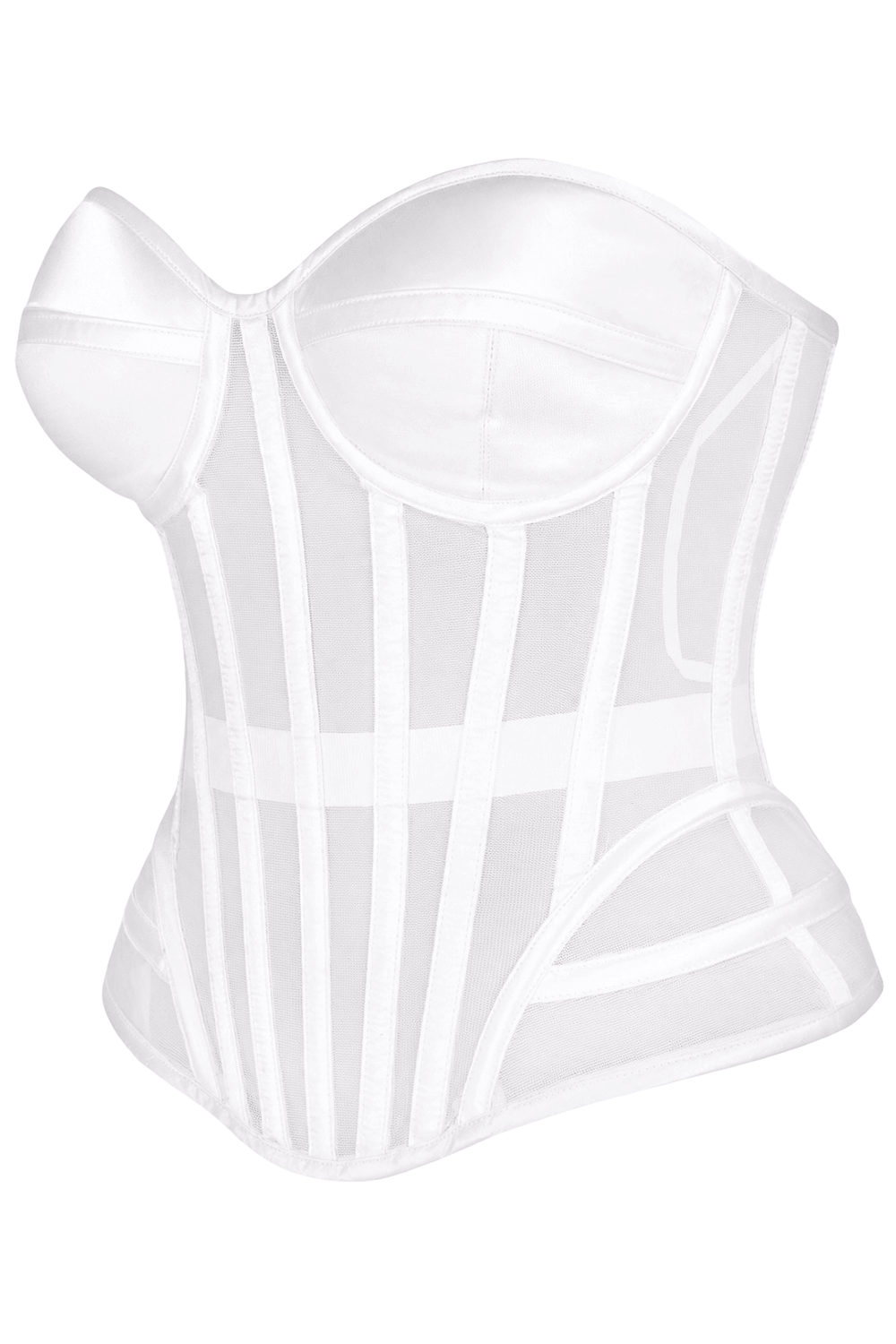 White Mesh Overbust Corset with Steel Boning and Lacing showcasing a sculpted sweetheart neckline.