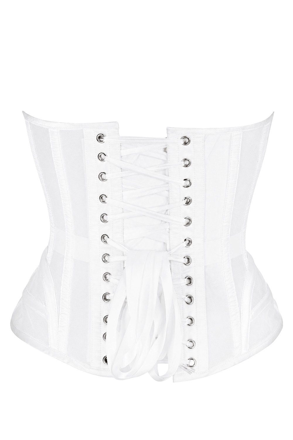 White Mesh Overbust Corset with Steel Boning and Lacing showcasing intricate lacing and sheer panels.