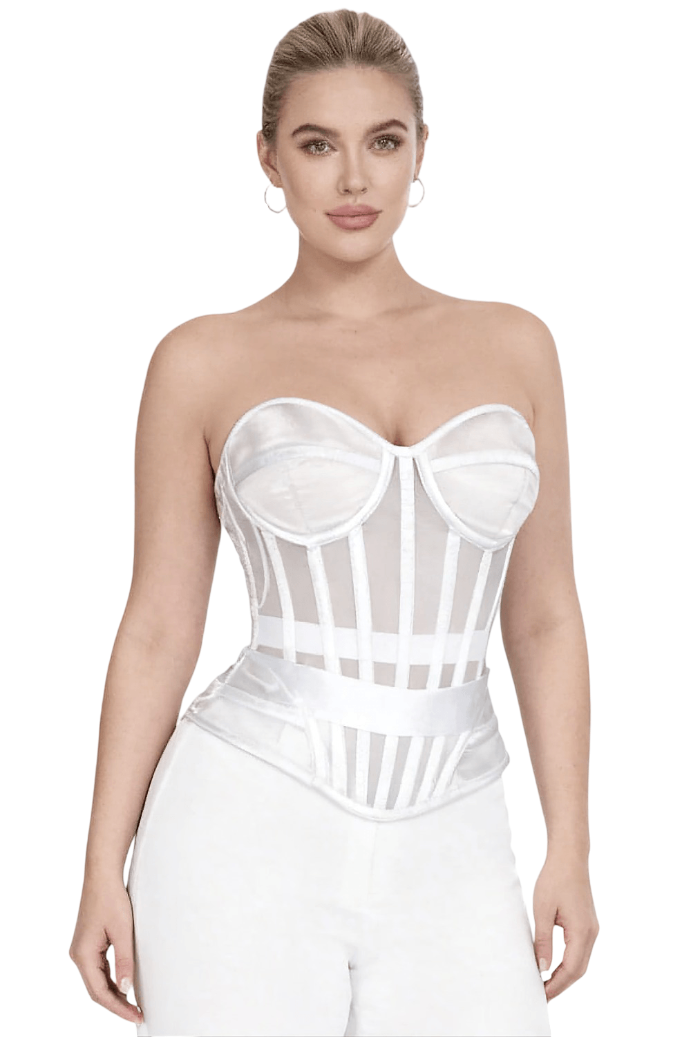 White Mesh Overbust Corset with Steel Boning and Lacing on model showcasing sheer panels and sweetheart neckline.