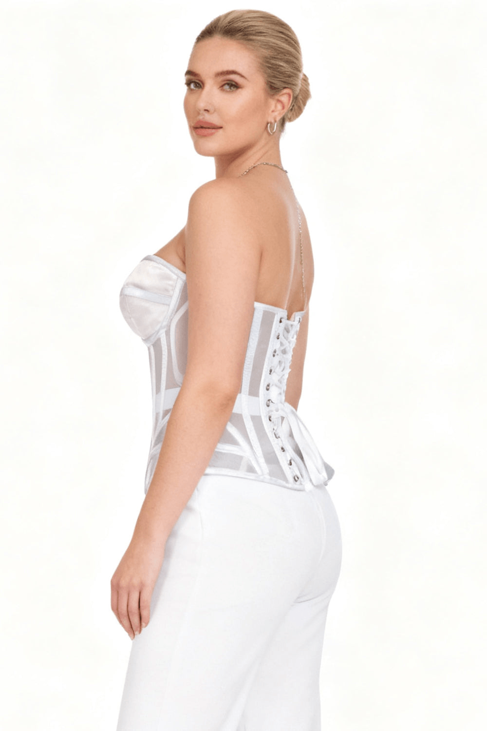 White Mesh Overbust Corset with Steel Boning and Lacing showcased on model from the back, highlighting lace-up detail.
