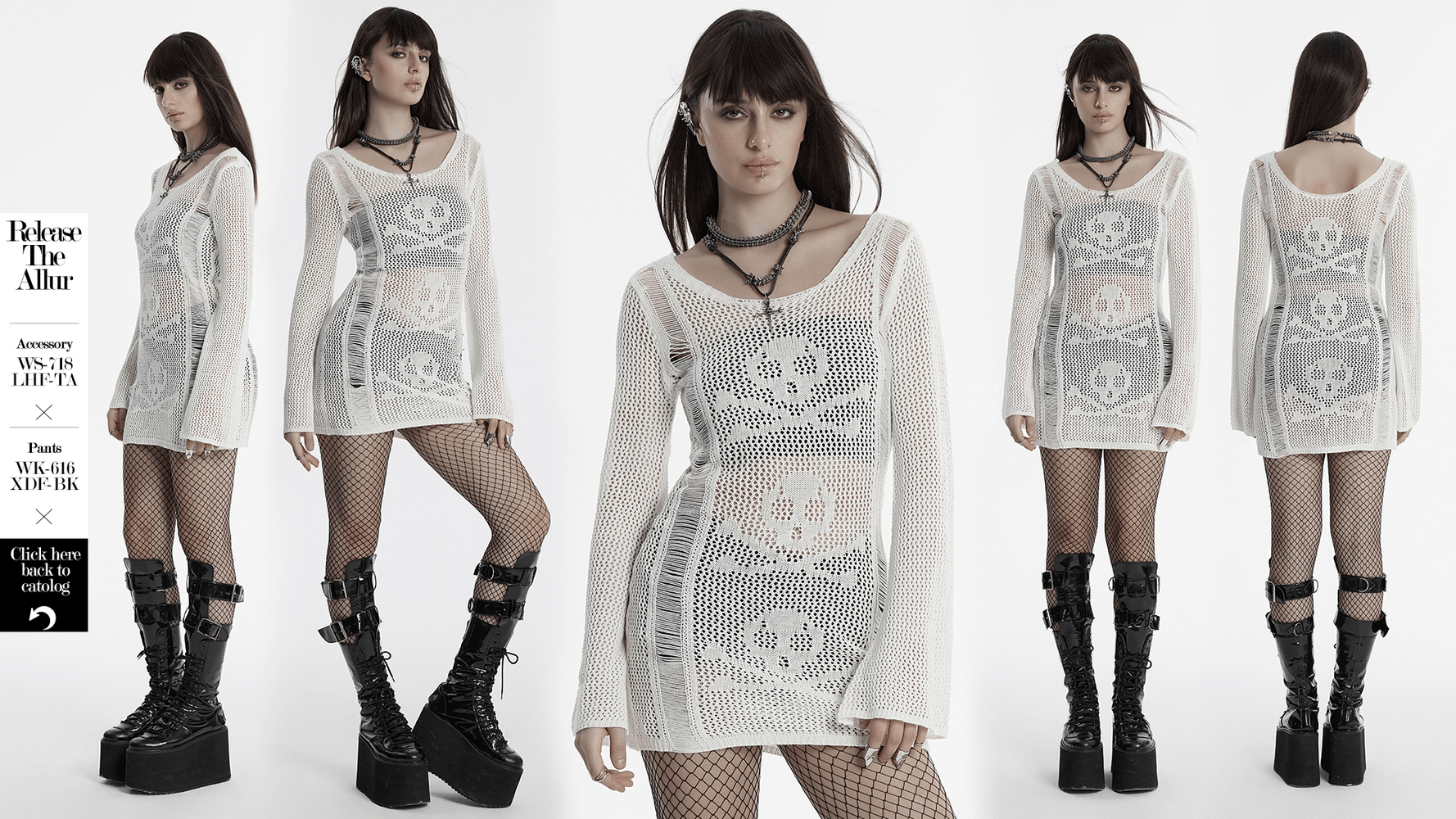 White punk skull mesh knit dress with long sleeves, showcasing a gothic crochet design and bold silhouette. Perfect for edgy style.