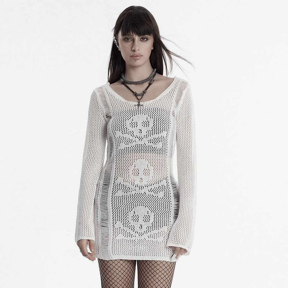 White punk skull mesh knit dress with long sleeves, featuring a bold crochet design and edgy gothic style.