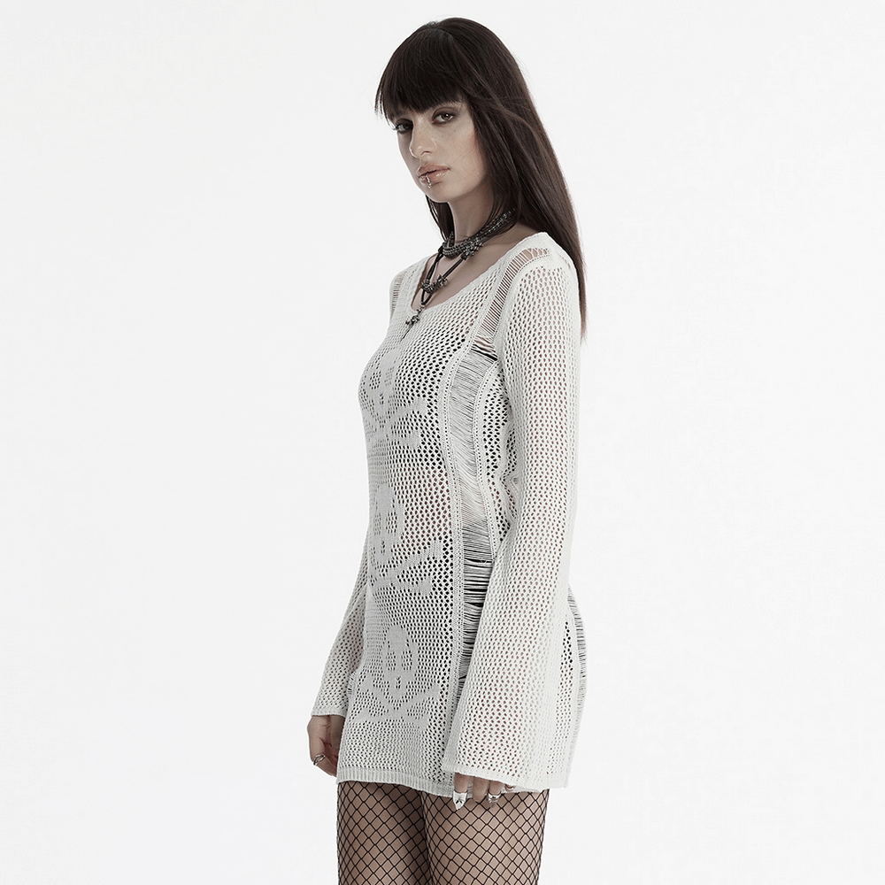 White punk skull mesh knit dress with long sleeves, featuring a gothic crochet design and slim silhouette for a bold look.