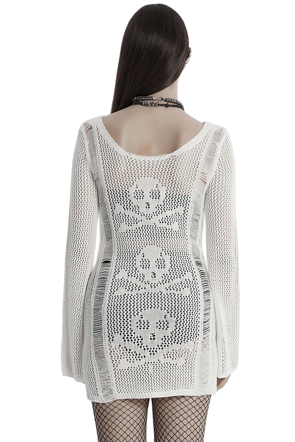 Back view of a unique white punk skull mesh knit dress with long sleeves and intricate crochet detailing.