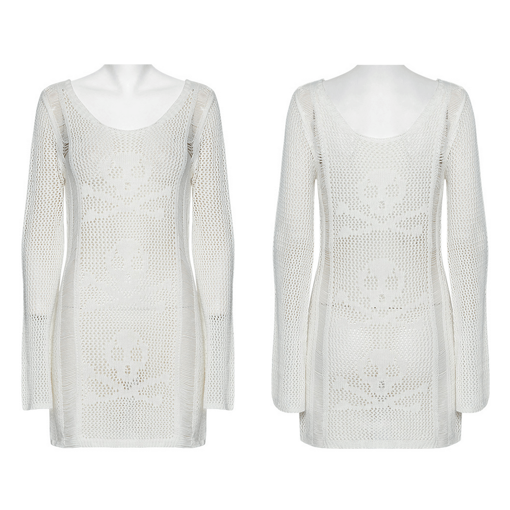 White punk skull mesh knit dress featuring long sleeves and intricate skull design for a bold gothic look.