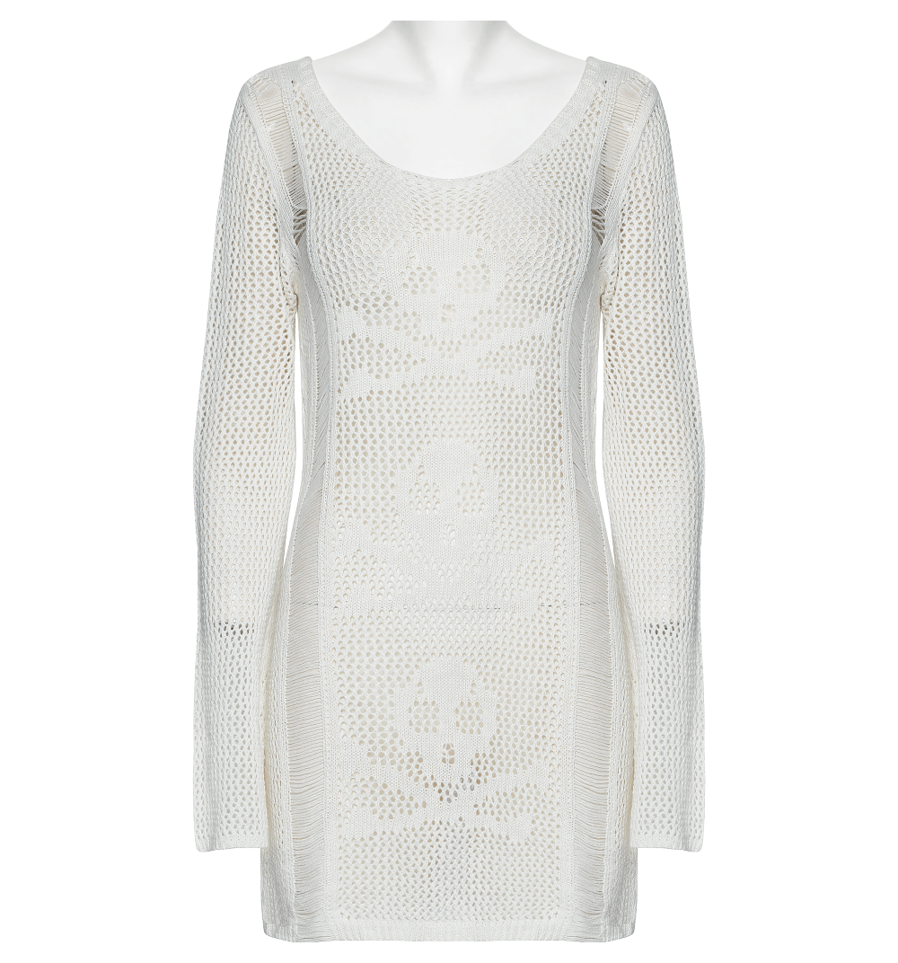 White punk skull mesh knit dress with long sleeves and intricate crochet design, perfect for a gothic look.