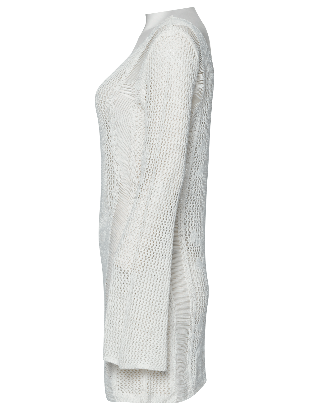 Side view of a white punk skull mesh knit dress with long sleeves and intricate crochet details. Perfect for a gothic style!