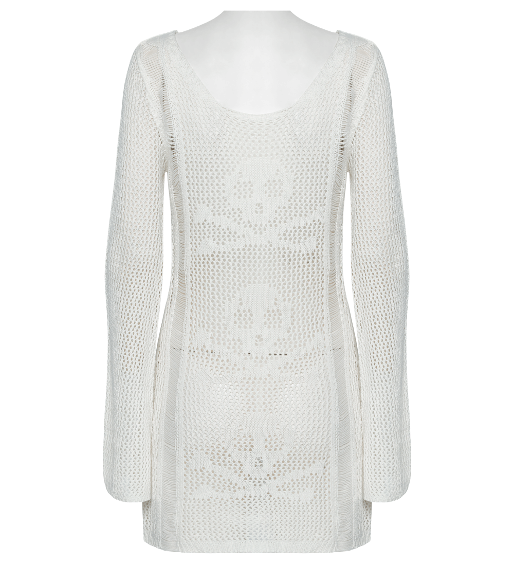 White punk skull mesh knit dress showcasing a crochet design, featuring long sleeves and intricate skull patterns.