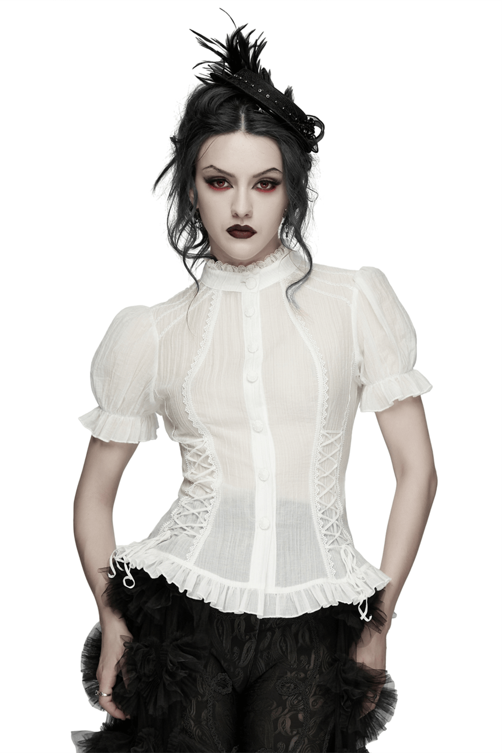 White Retro Lace-up Corset Blouse with Puff Sleeves worn by a model with gothic makeup and style.