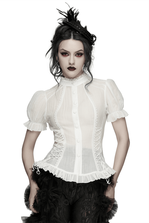 White Retro Lace-up Corset Blouse with Puff Sleeves