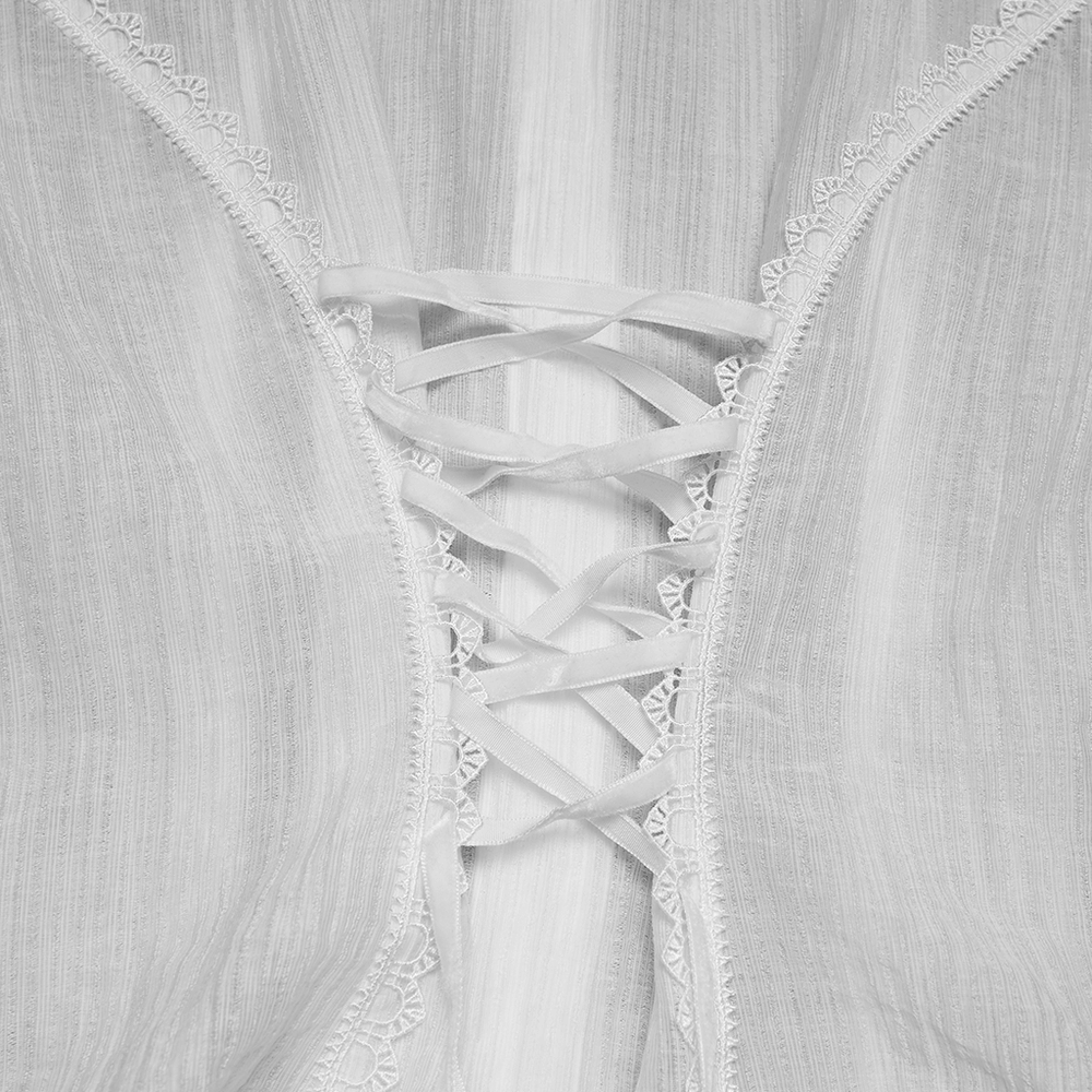 White Retro Lace-up Corset Blouse with Puff Sleeves back detail showing lace-up design and floral trim.