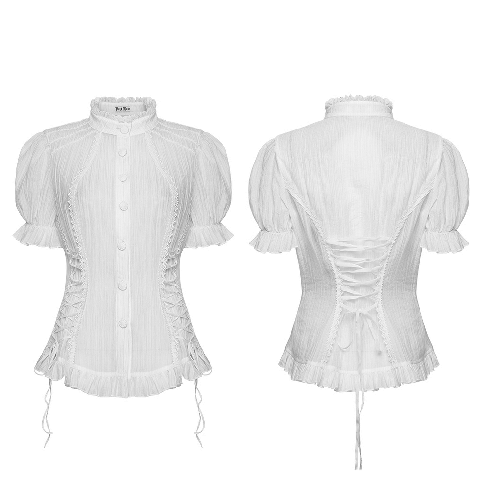 White Retro Lace-up Corset Blouse with Puff Sleeves, featuring a lace-up back and puff sleeves for a vintage-inspired look.