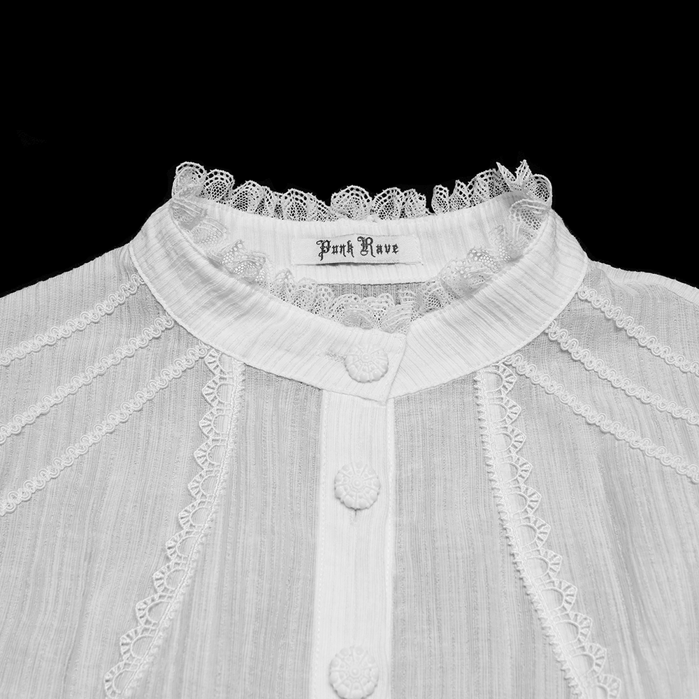 White Retro Lace-up Corset Blouse with Puff Sleeves close-up showing high collar and lace detailing.