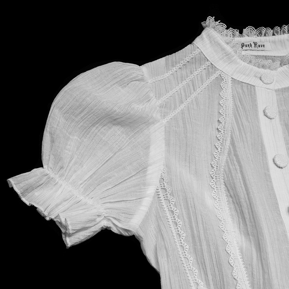 White Retro Lace-up Corset Blouse with Puff Sleeves featuring lace detail and high collar.