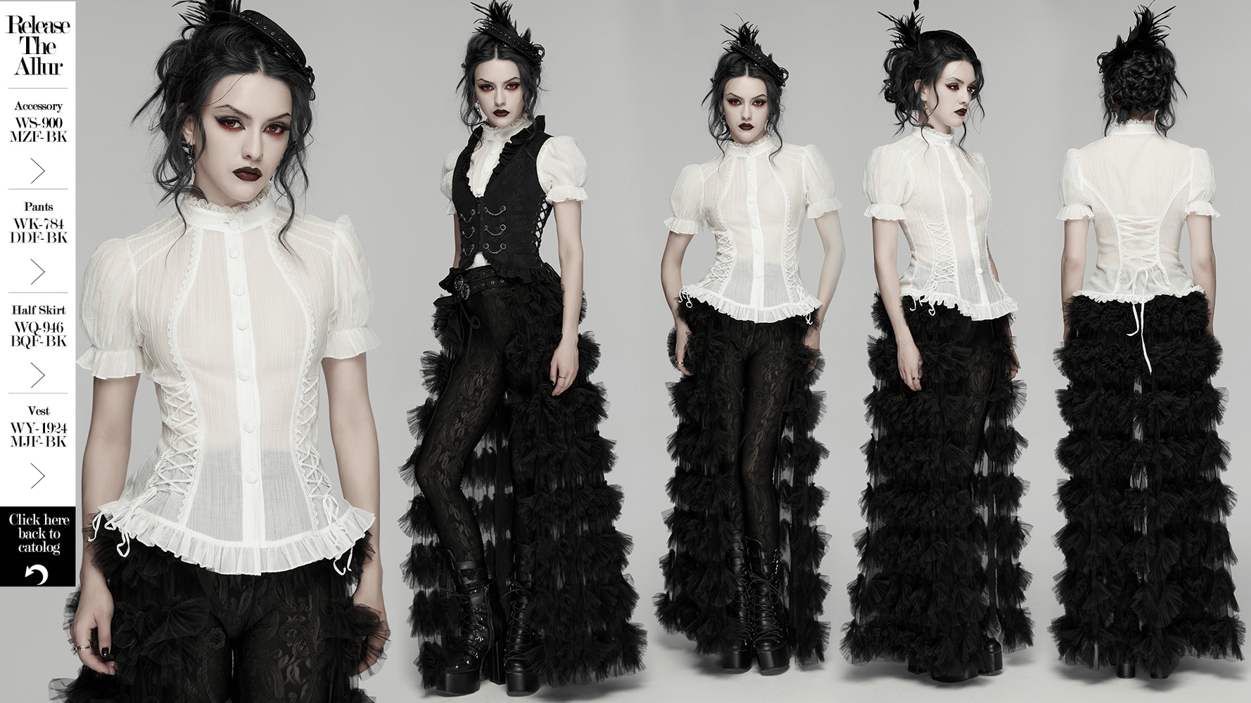 White Retro Lace-up Corset Blouse with Puff Sleeves showcased in gothic style with textured black pants and accessories.