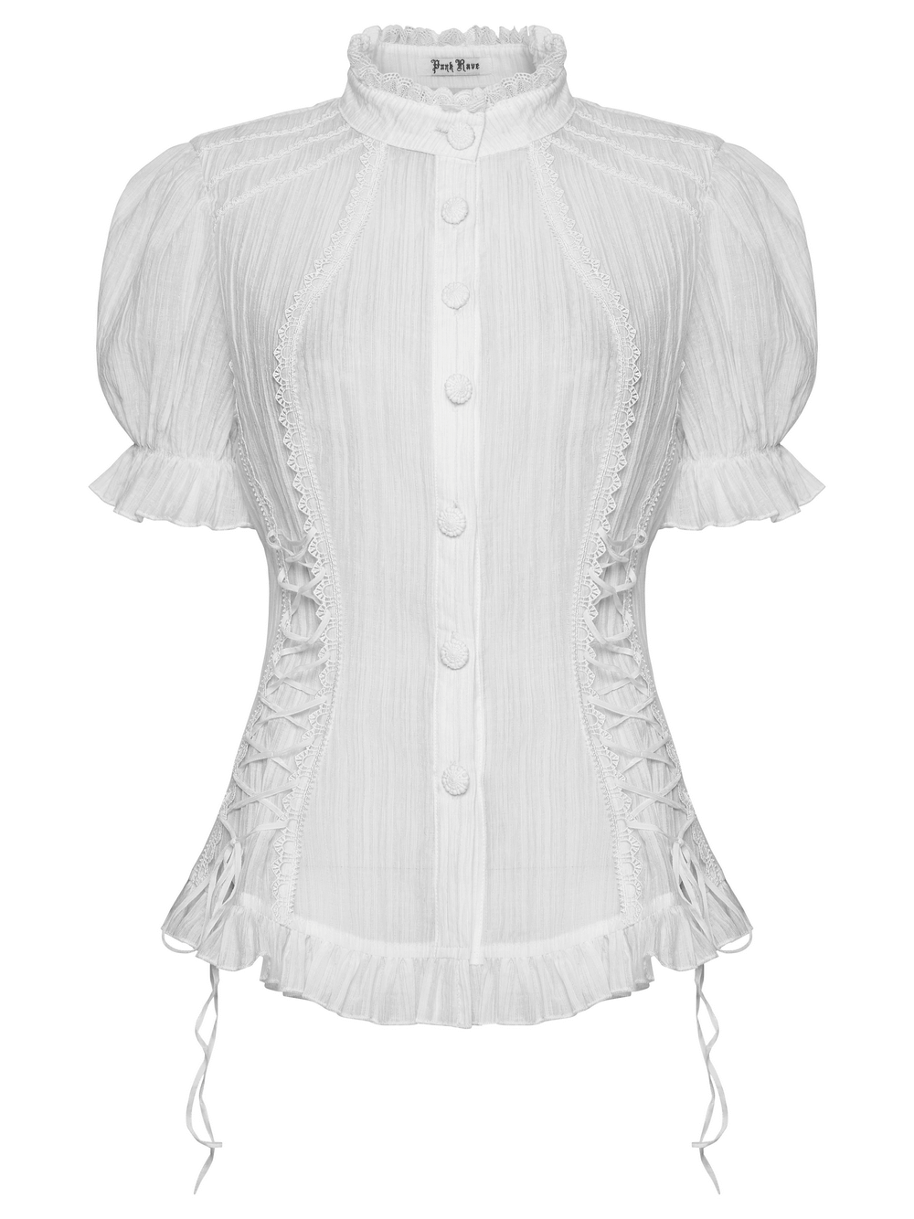 White Retro Lace-up Corset Blouse with Puff Sleeves, featuring lace detailing and a feminine ruffled hem.