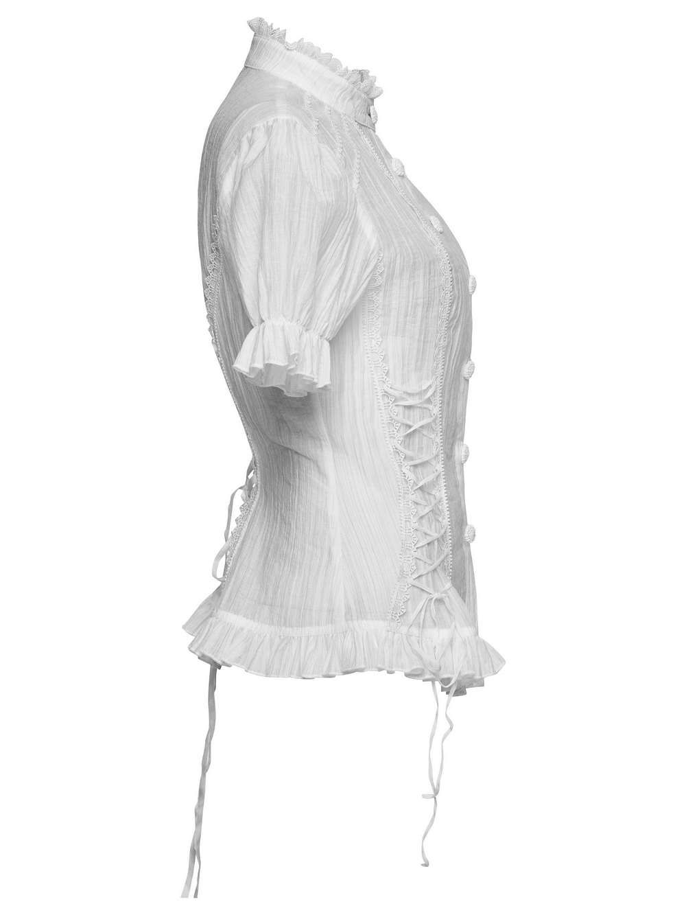 White Retro Lace-up Corset Blouse with Puff Sleeves side view showcasing lace-up detailing and puff sleeves.