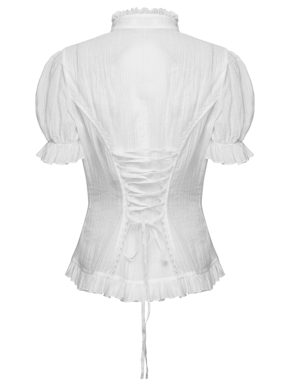 White Retro Lace-up Corset Blouse with Puff Sleeves back view showing lace-up detail and fluttering hem.