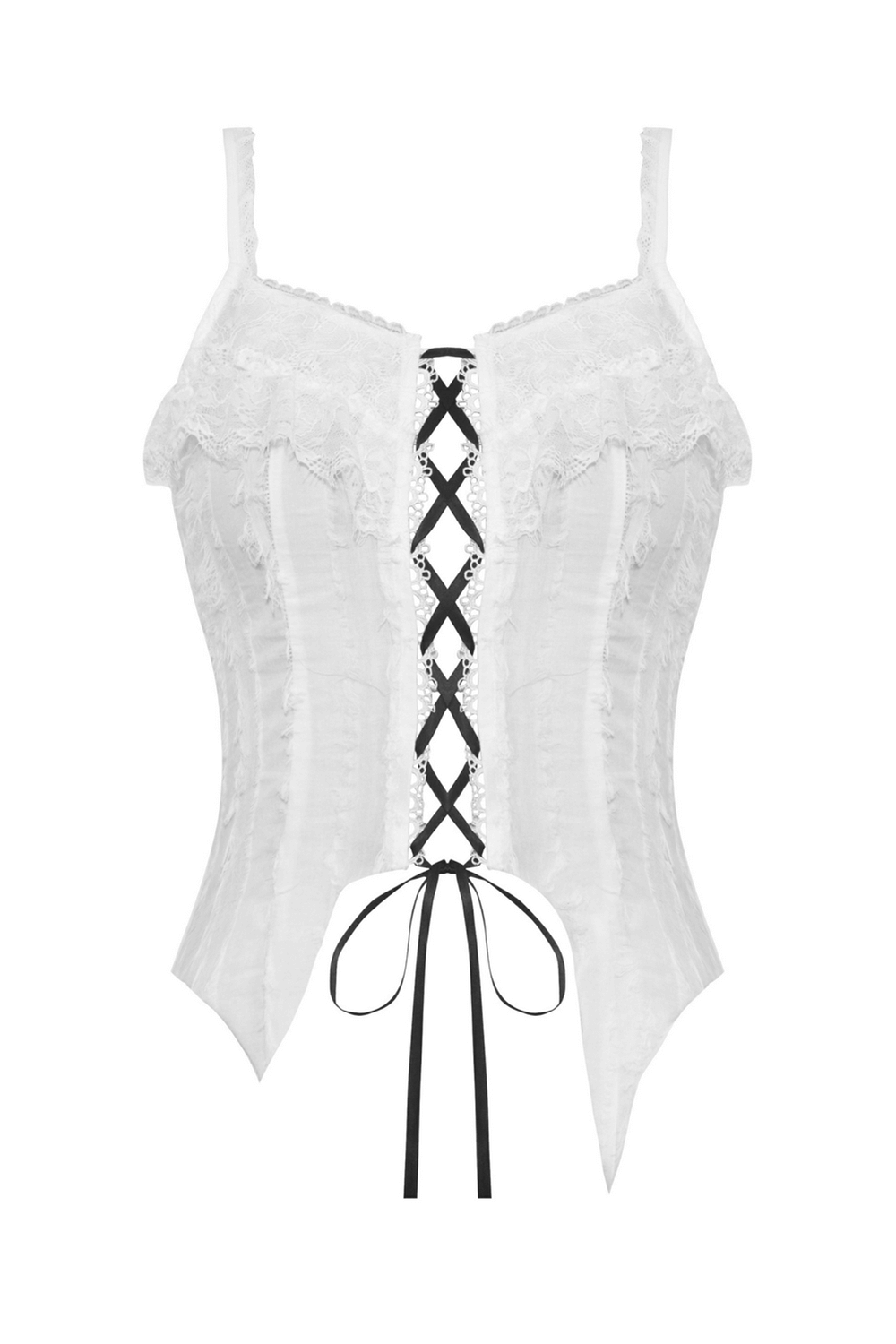 Chic white sleeveless lace-up corset top with black ribbon detail, perfect for punk-inspired outfits.