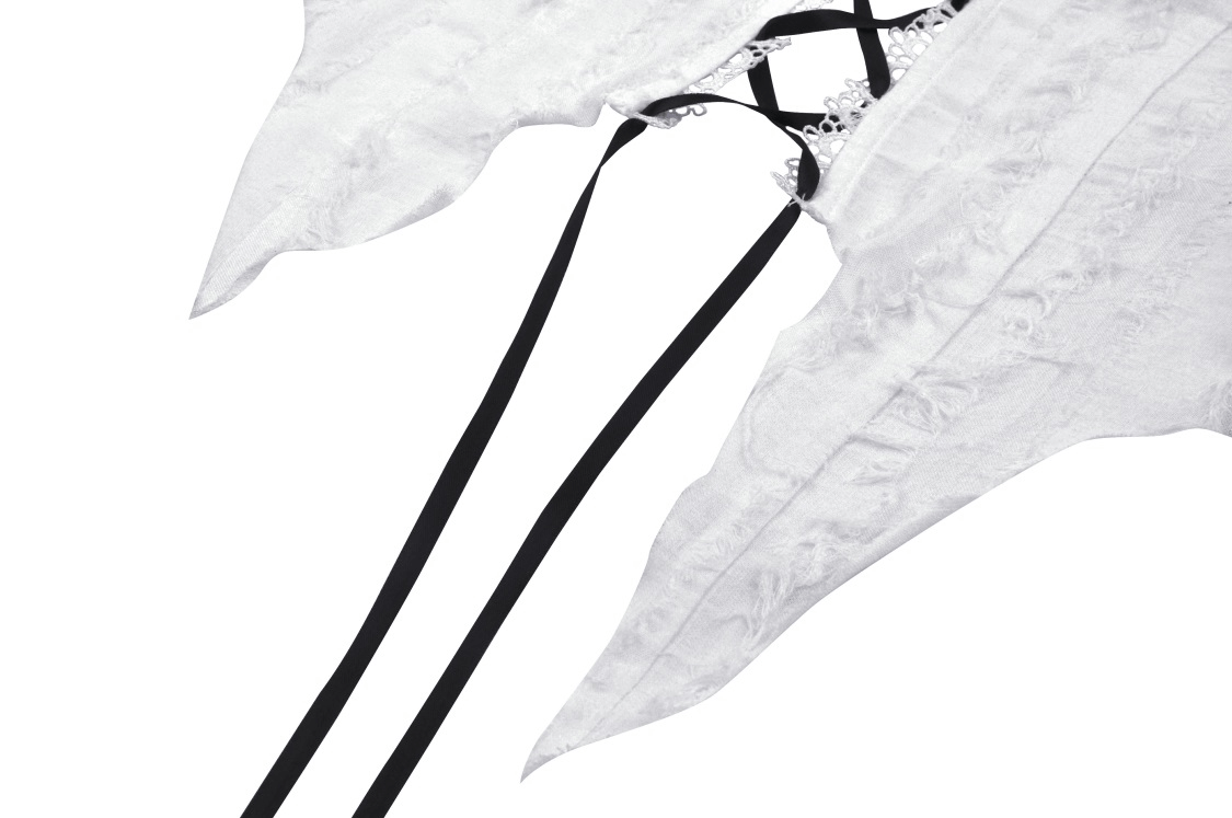 White sleeveless crop top with black lace-up detail and elegant ribbon ties for a punk rock style.