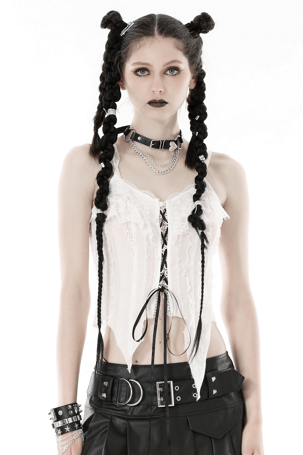 White Sleeveless Crop Top with Black Lace-Up on Front