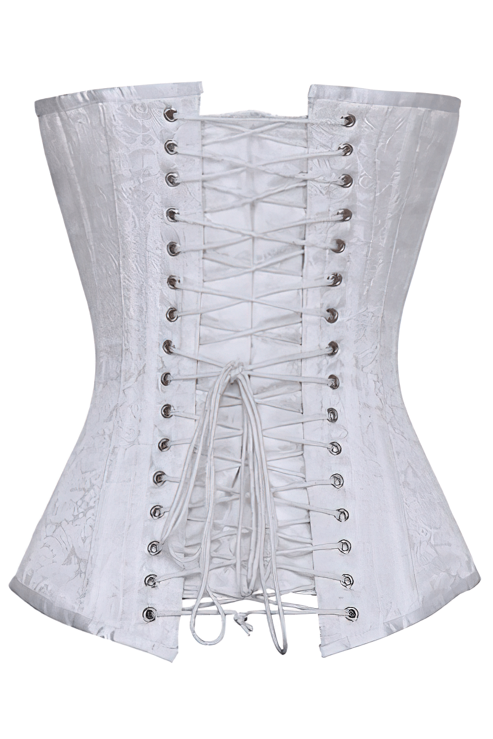 Elegant white gothic corset with lace-up back and brocade fabric for waist training and silhouette enhancement.