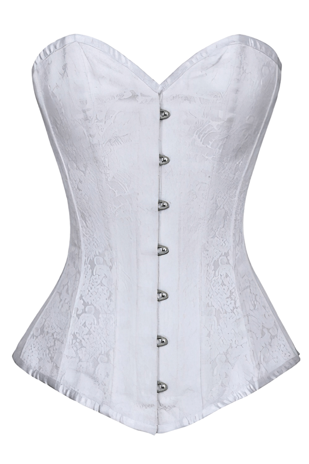 Elegant white steel boned gothic corset with brocade fabric and lace-up back for waist training.