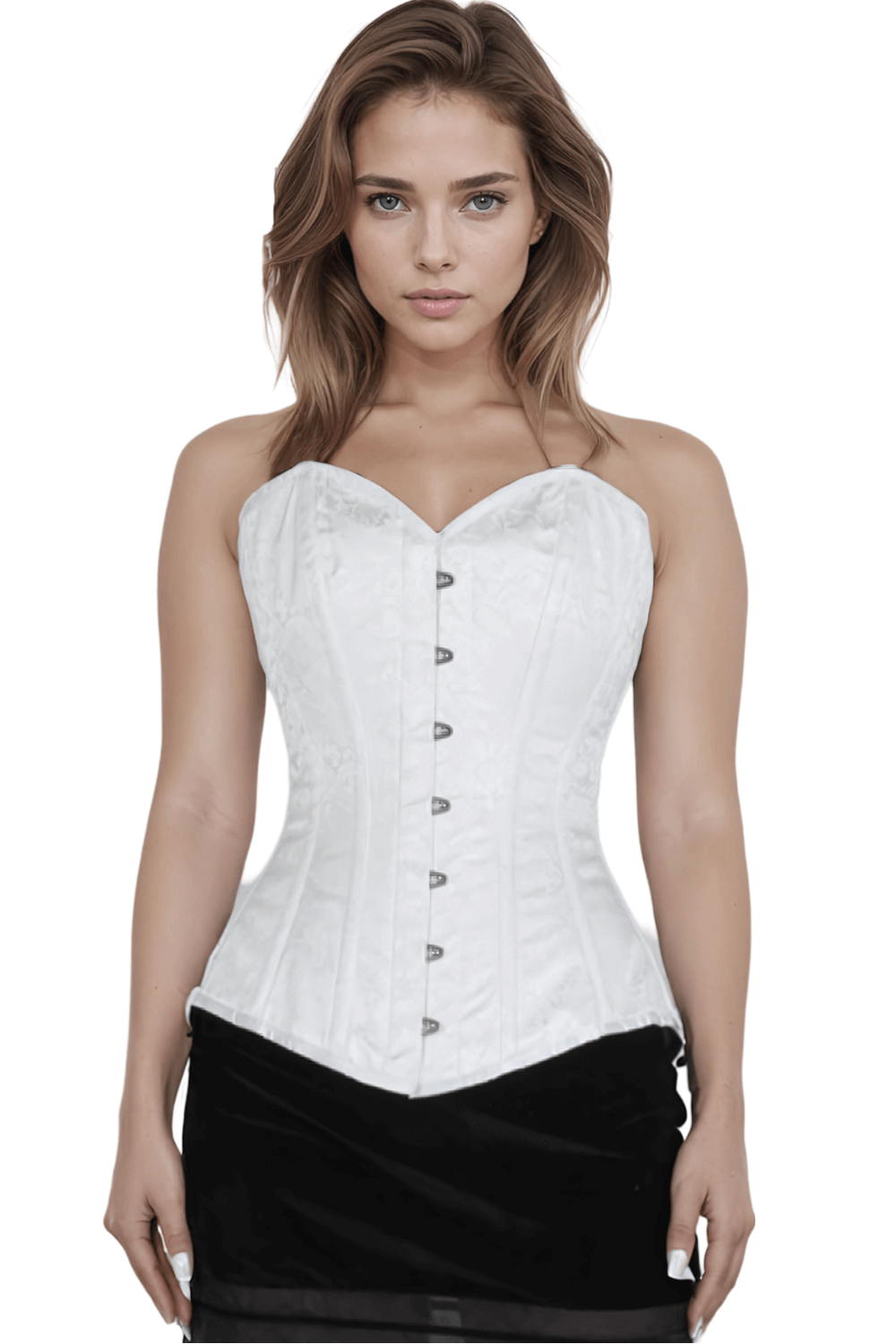 Elegant white gothic corset with brocade fabric, spiral and flat steel boning for waist training and silhouette enhancement.