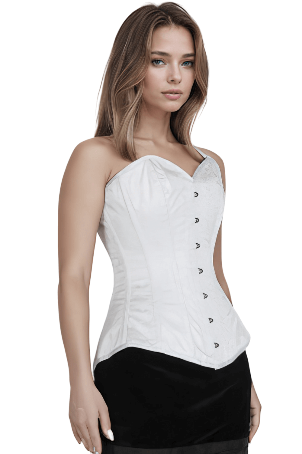 Elegant white steel boned gothic corset with lace-up back and brocade fabric, perfect for waist training and silhouette enhancement.